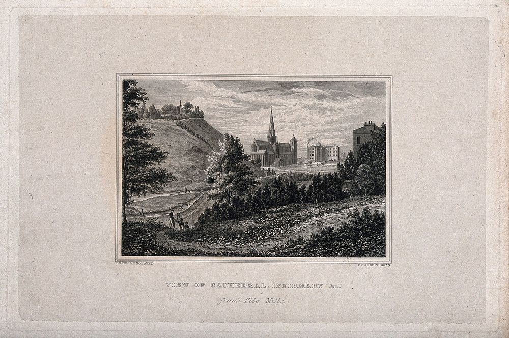 The Cathedral, Royal Infirmary, Glasgow: from File Mills. Line engraving by J. Swan after himself.