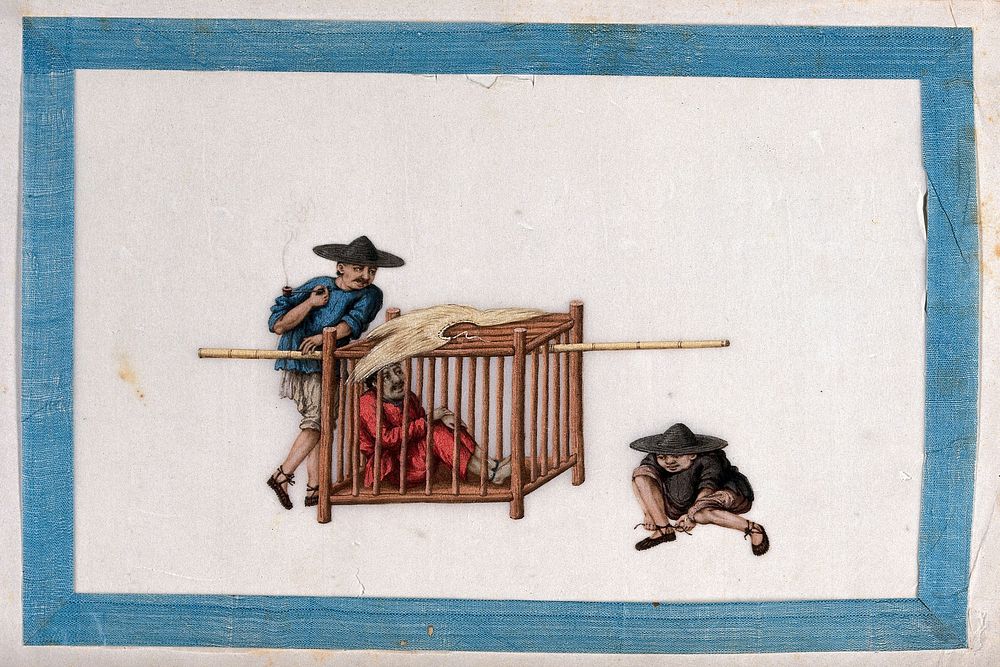 A Chinese prisoner in a wooden cage. Gouache painting by a Chinese artist, ca. 1850.