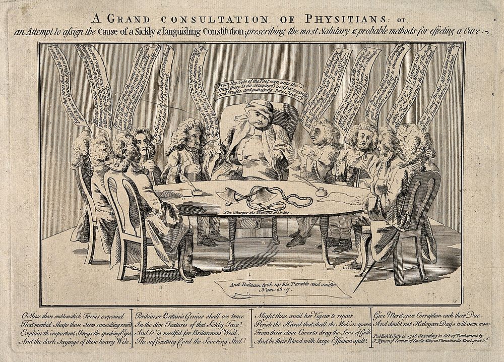 A swollen lethargic patient with ten physicians seated around a table on which are axes and a halter; symbolising England's…