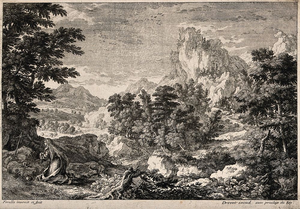 Saint Mary Magdalen: she repents in a landscape. Etching by Perelle.