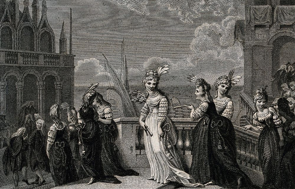 A bride accompanied by a group of guests as they descend the staircase from a balcony. Engraving by I. Neagle after E.…