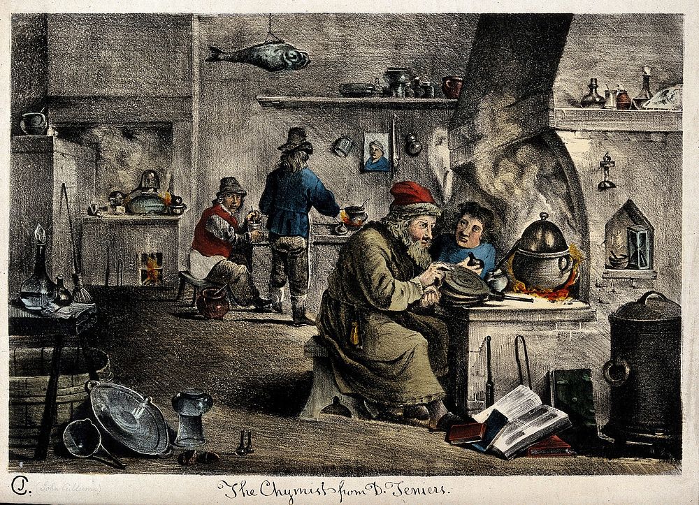 An alchemist with his assistants in his laboratory. Coloured lithograph by J. Cullum, ca. 1840, after D. Teniers the…