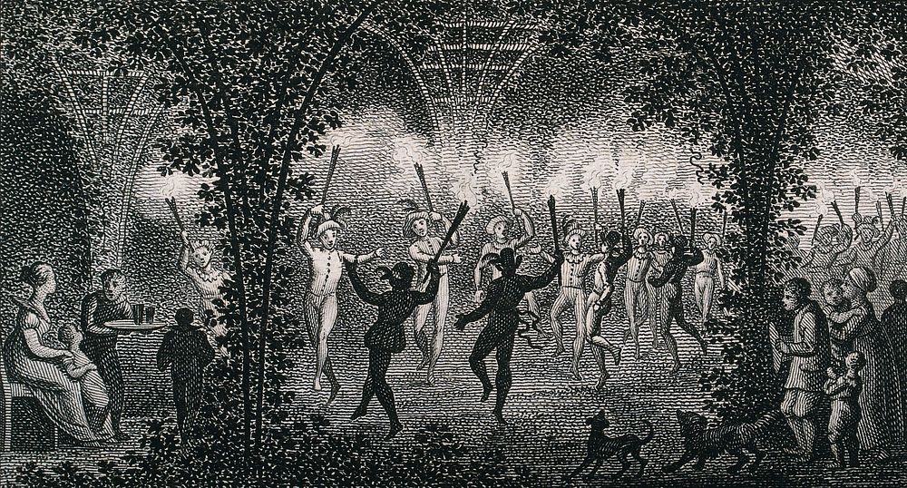 Men in costume dancing with torches under a pergola by night; a women is served with a drink at the side. Engraving.