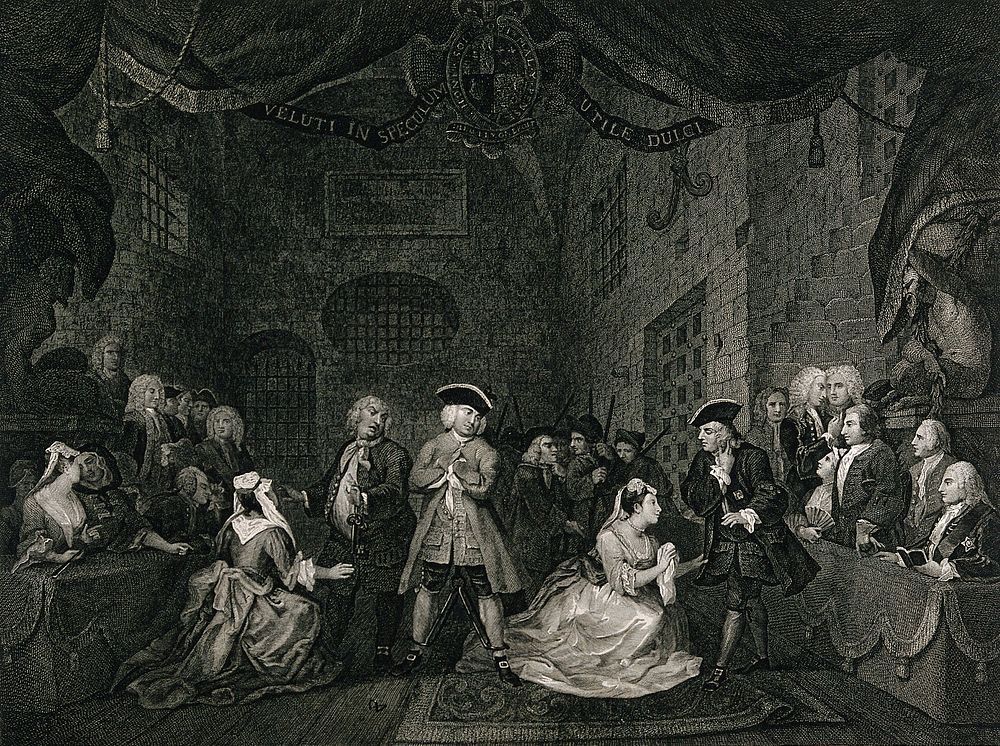 The Beggar's opera: on trial for robbery, Captain Macheath stands in shackles in Newgate prison, while two of his lovers…