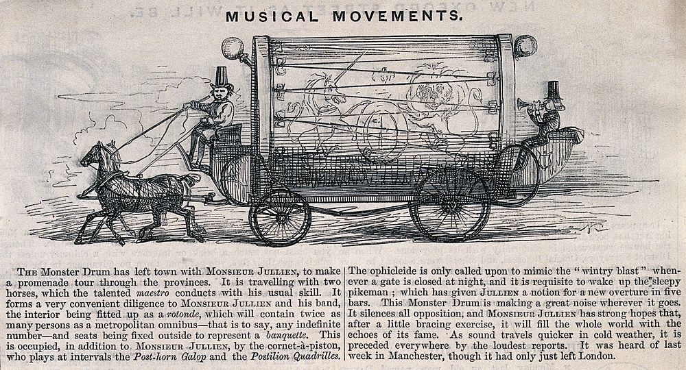 A horse-drawn carriage containing the orchestra of Louis Antoine Jullien is driven at speed along a road. Wood engraving and…