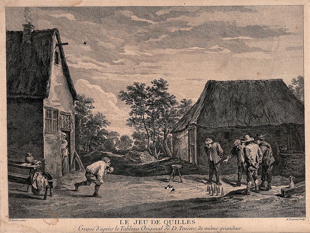 A group of men playing a game outside with a ball and nine pins, a woman watches from a doorway. Engraving by A. Laurent…