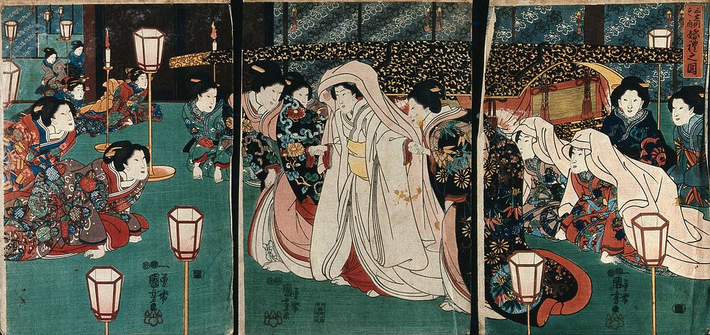 A bride emerging from a sedan chair assisted by two women, set in a palatial residence. Colour woodcut by Kuniyoshi…