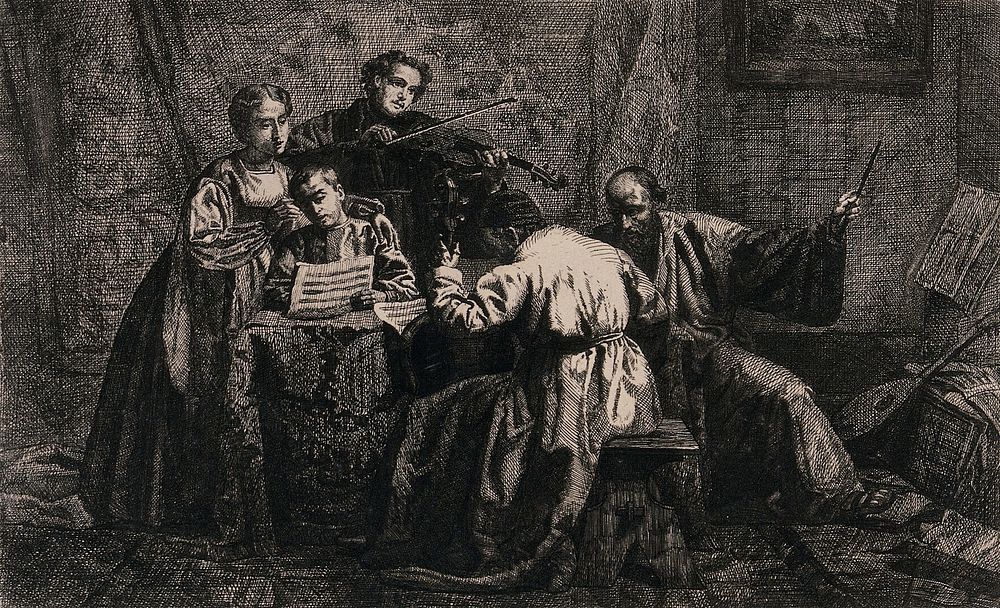 A musical rehearsal for a Jewish religious service . Etching by E. Moyse, 1865.