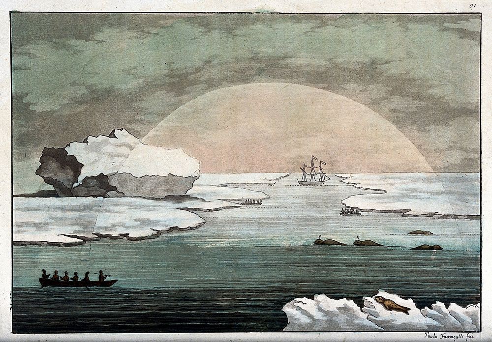 Meteorology: the sun in Baffin Bay disperses thick fog in the shape of a semicircle. Coloured etching by P. Fumagalli, 1827…