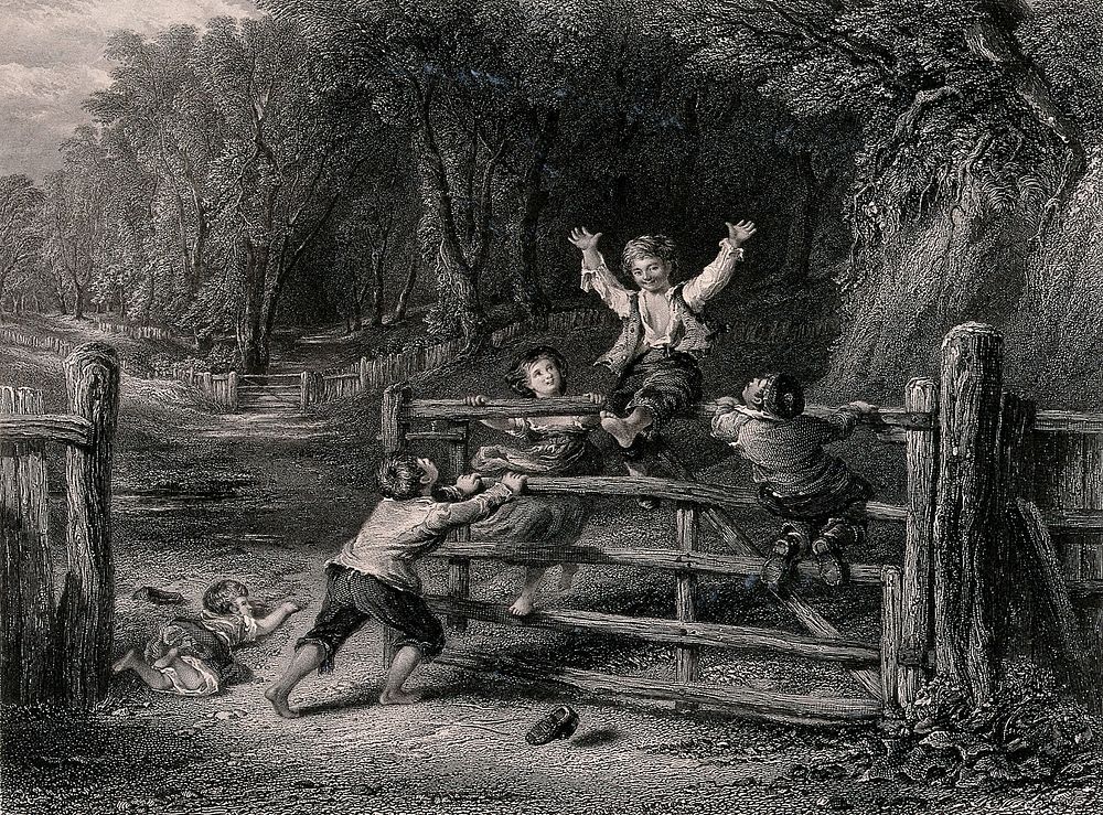 Four boys ride on a five-bar gate in a woodland. Engraving by C. Cousen after W. Collins.
