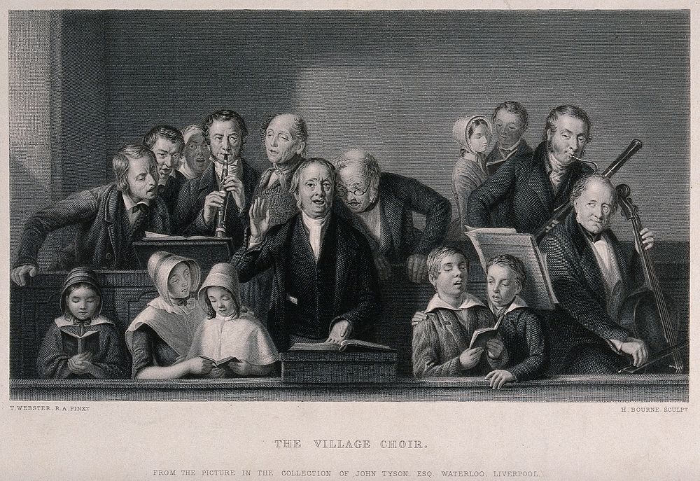 A choir of men and boys singing and playing musical instruments. Engraving by H. Bourne after T. Webster.