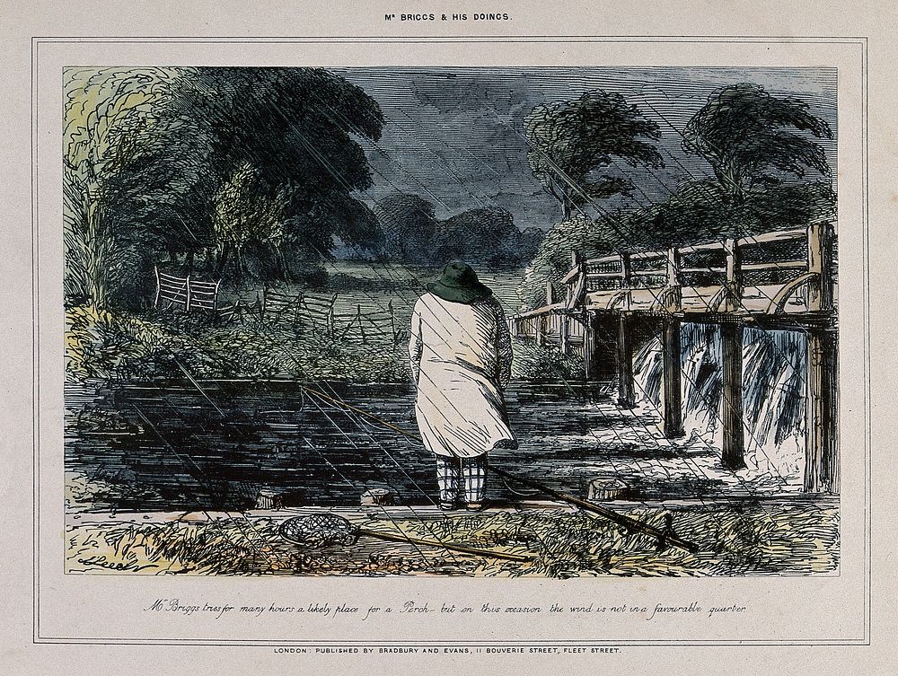 A man is standing on the banks of a river with a fishing line in the water, he is hunched against the very wet and windy…