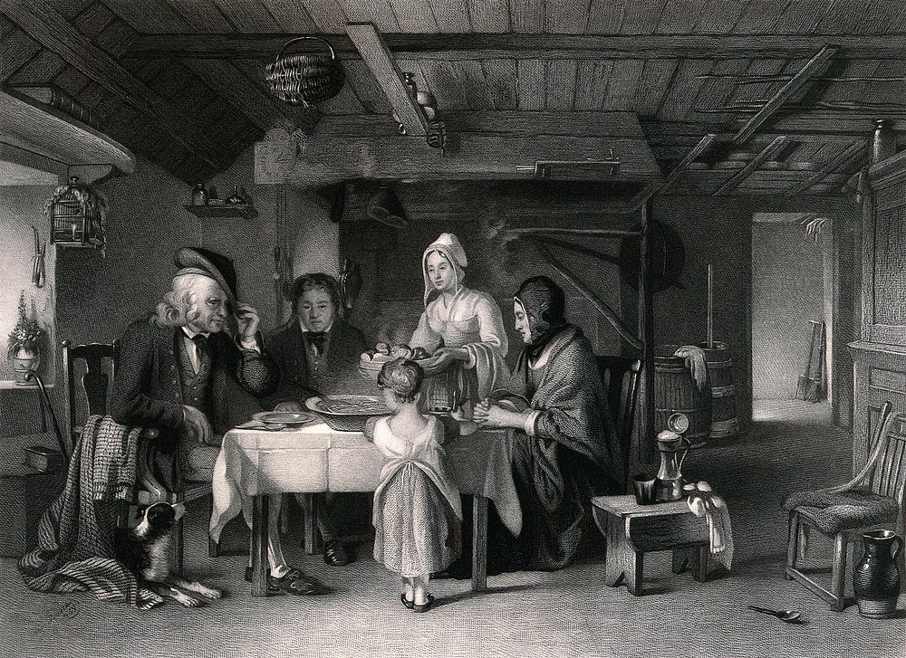 A shepherd's family saying grace at the meal table with a sheep dog sitting under the father's chair. Mezzotint with…