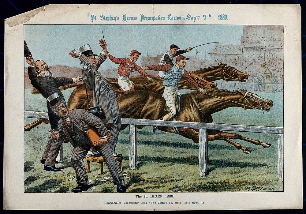 Three bookmakers (representing British politicians) are watching a horserace in which three horses are neck and neck. Colour…