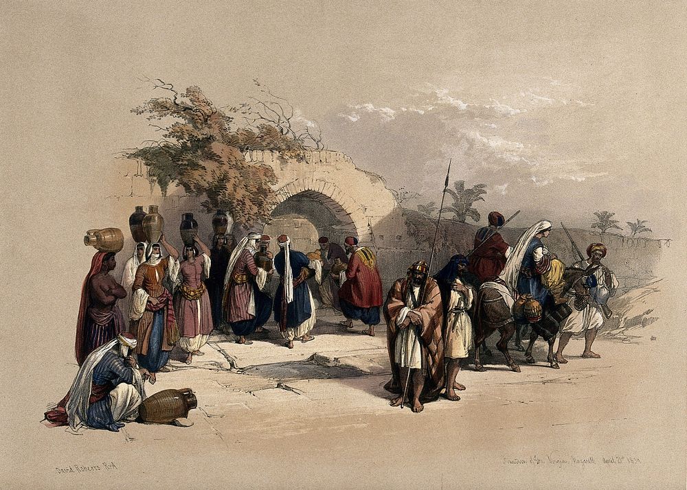 Fountain of the Virgin, Nazareth, Israel. Coloured lithograph by Louis Haghe after David Roberts, 1842.