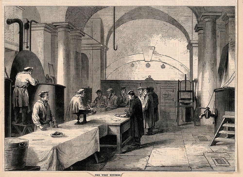 Everyday life at Greenwich Hospital: Pensioners filing past the serving tables in the west kitchen, vats and ranges against…