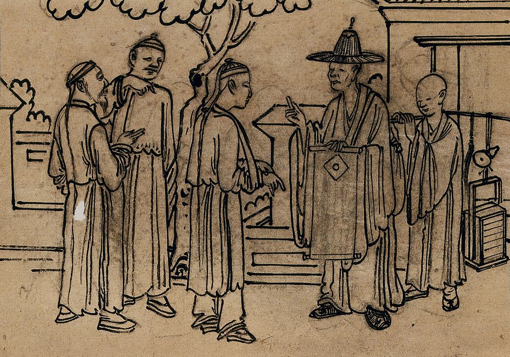 A Chinese doctor gives medical advice to man with his arm in a sling. Drawing by a Chinese artist.