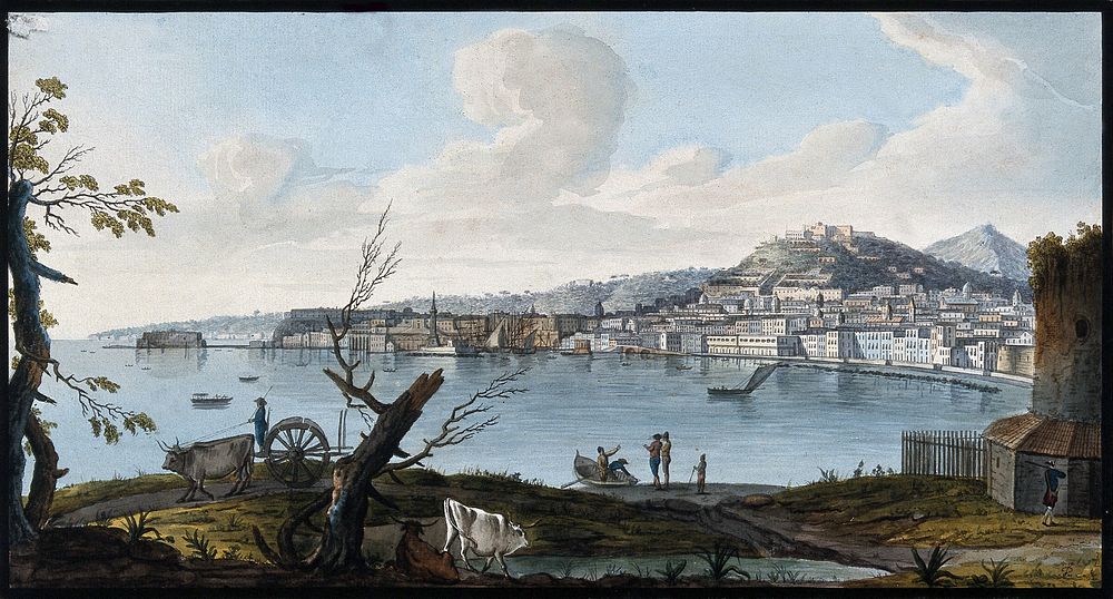 The city and bay of Naples from the land. Coloured etching by Pietro Fabris, 1776.
