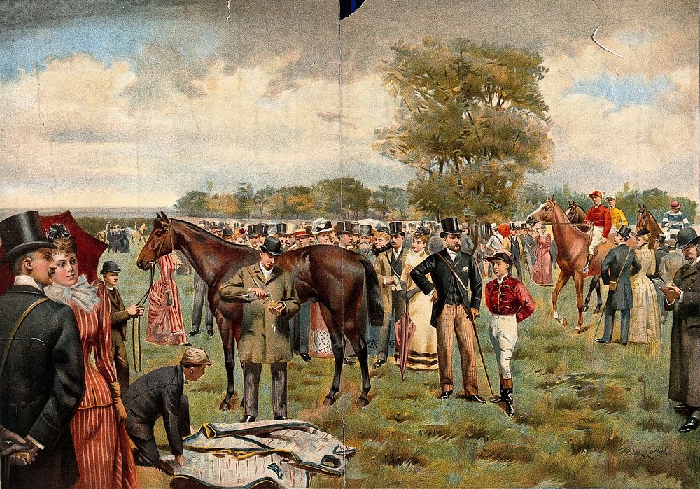 Epsom, Surrey: the Derby; crowds of racegoers viewing the horses' form in the paddock. Colour lithograph after I. Cullin…