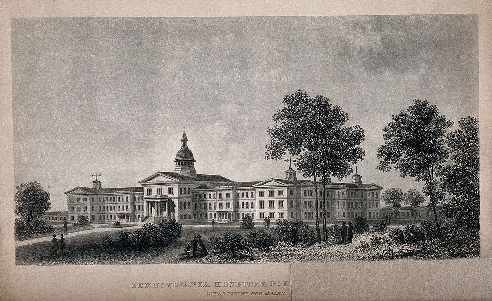 Hospital, Philadelphia: department for males. Line engraving after S. Sloan.
