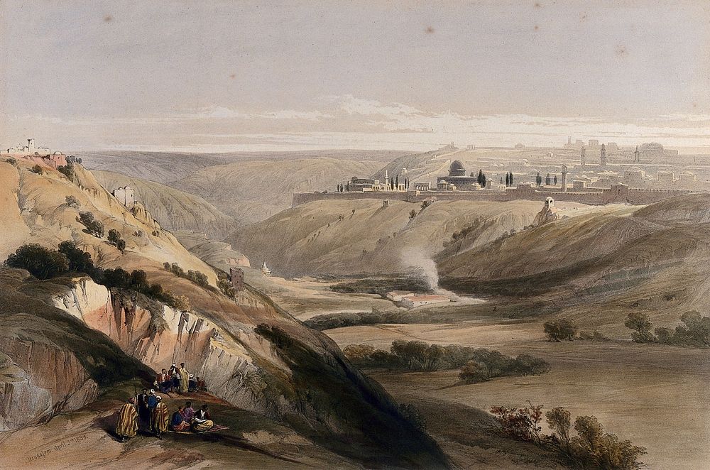 Jerusalem from the road leading to Bethany. Coloured lithograph by Louis Haghe after David Roberts, 1842.