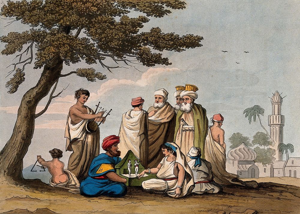 A puppet show inTripoli, Libya, and people playing musical instruments. Coloured aquatint with etching by Havell & Son, 1816.