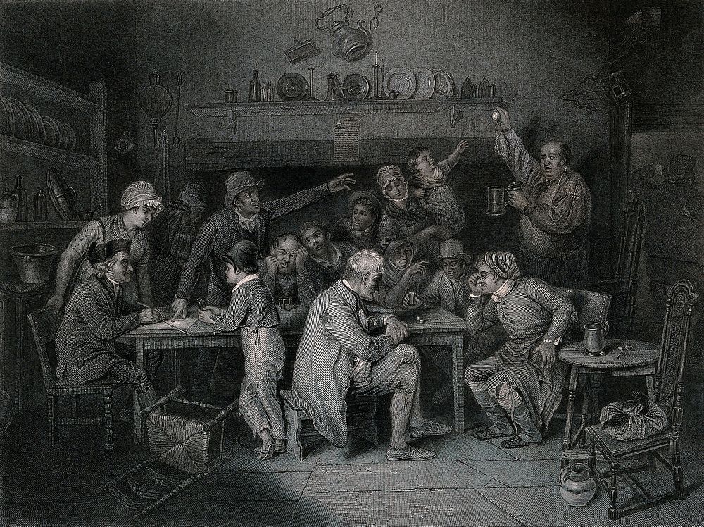A village ale-house, in which the landlord is offering a watch as the prize in a raffle. Engraving by G. Greatbach after E.…