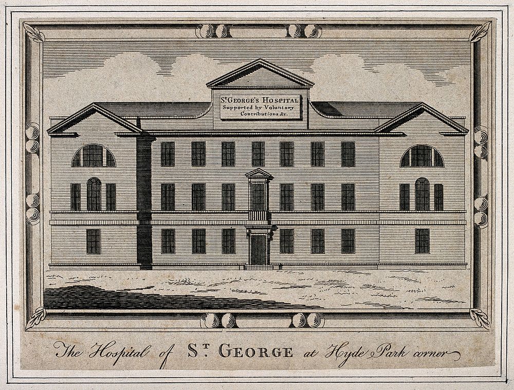 St. George's Hospital, Hyde Park Corner. Engraving by T. White, 1770.