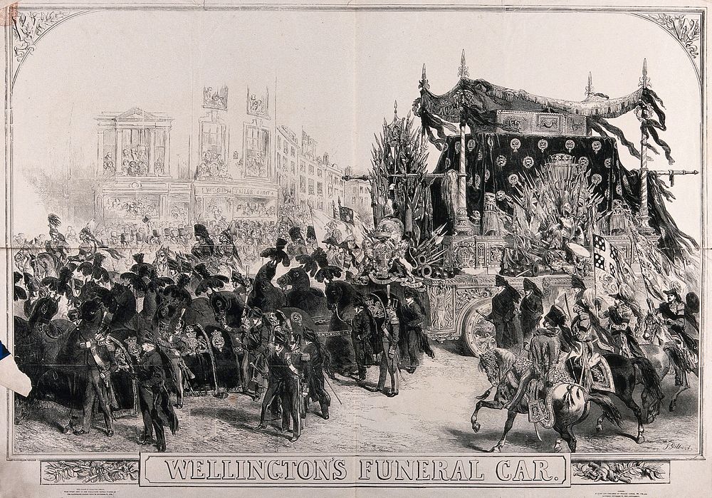 The funeral car of the Duke of Wellington. Wood engraving by Sir John Gilbert, 1852.