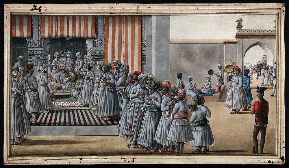 A darbar scene; the Nawab  sits on the chair listening to a man, while on the right, another man walks through the gateway…