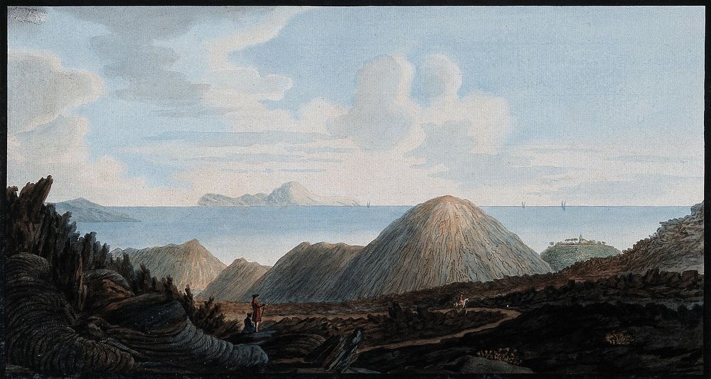 Little mountains raised in 1760 by the eruption of Mount Vesuvius, inland and offshore. Coloured etching by Pietro Fabris…