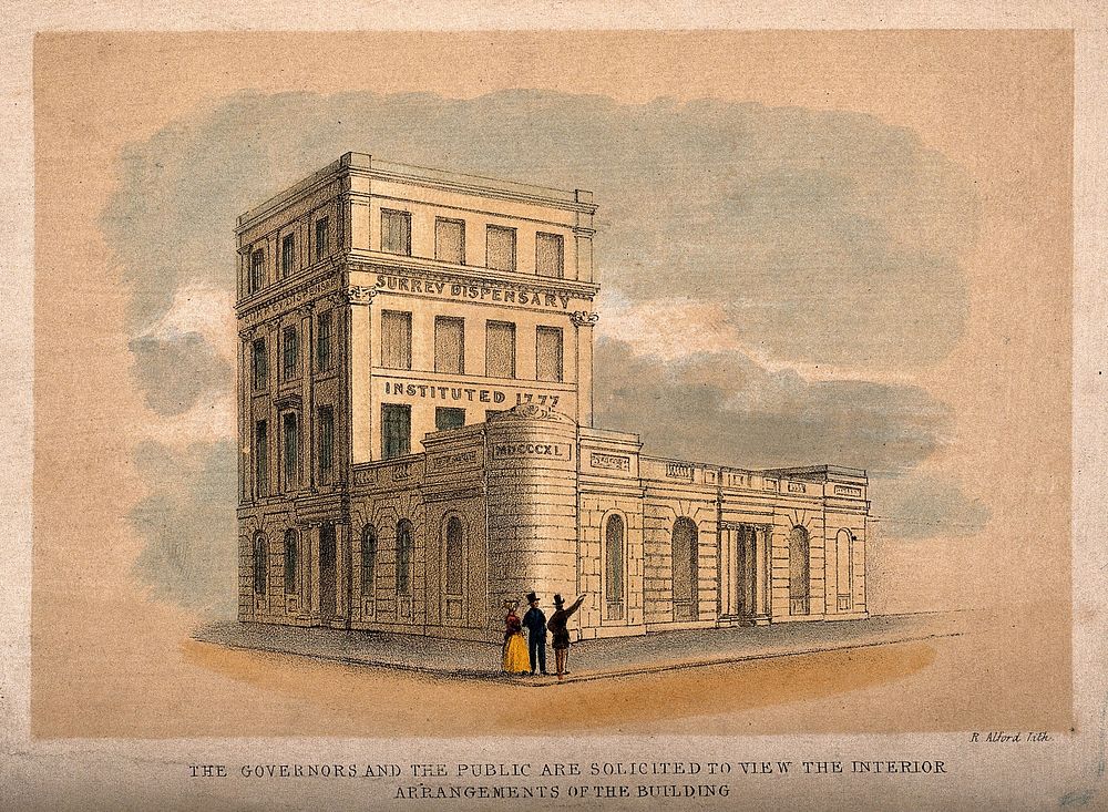 The Surrey Dispensary, Great Dover Street, Southwark. Coloured lithograph by R. Alford, c.1840.