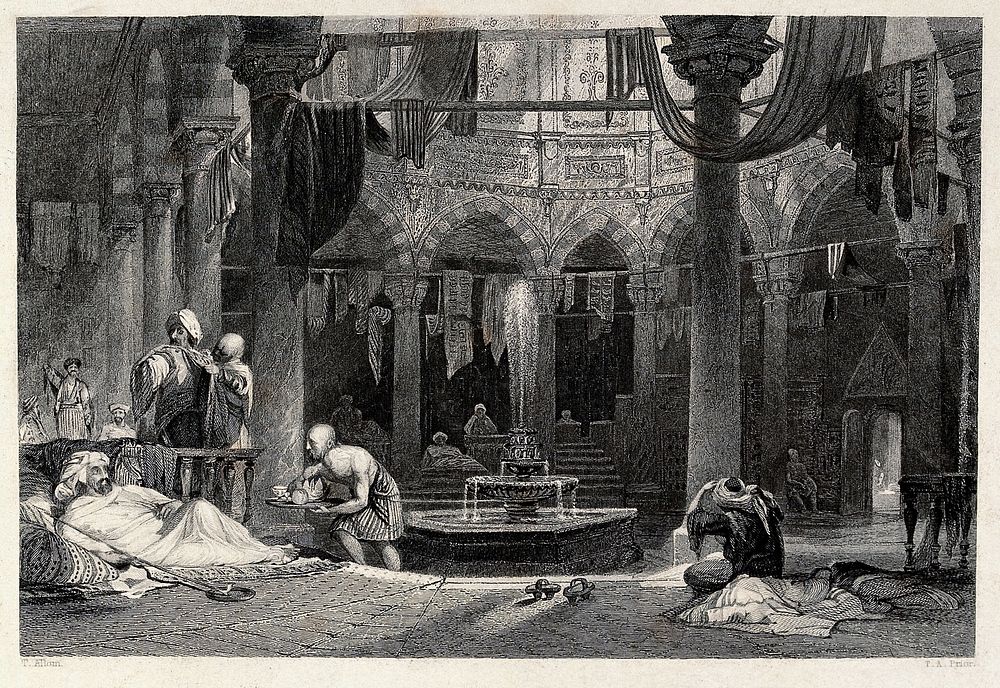Outer cooling room of a Turkish bath-house. Engraving by T.A. Prior after T. Allom.