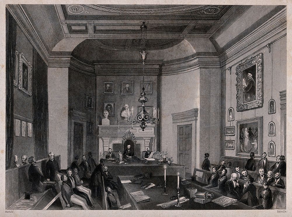 Fellows of the Society of Antiquaries meeting at Somerset House, London. Engraving by H. Melville after F.W. Fairholt.