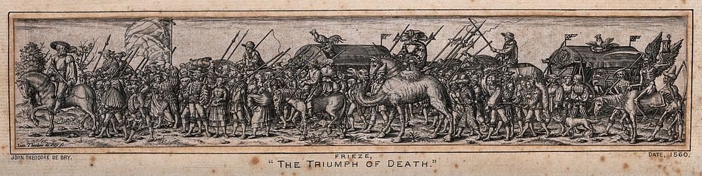 A military procession of mercenary soldiers, followed by a winged figure of Death on horseback who is accompanied by two…