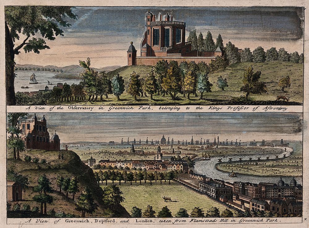 The Royal Observatory, Greenwich Hill, top, and the view of Greenwich and London seen from the hill, below. Coloured…