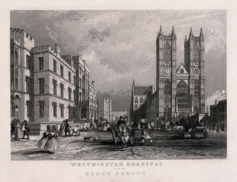 The Westminster Hospital, and Westminster Abbey, London. Engraving.