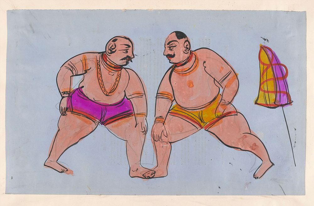 Page 80: a pair of wrestlers. Watercolour drawing.