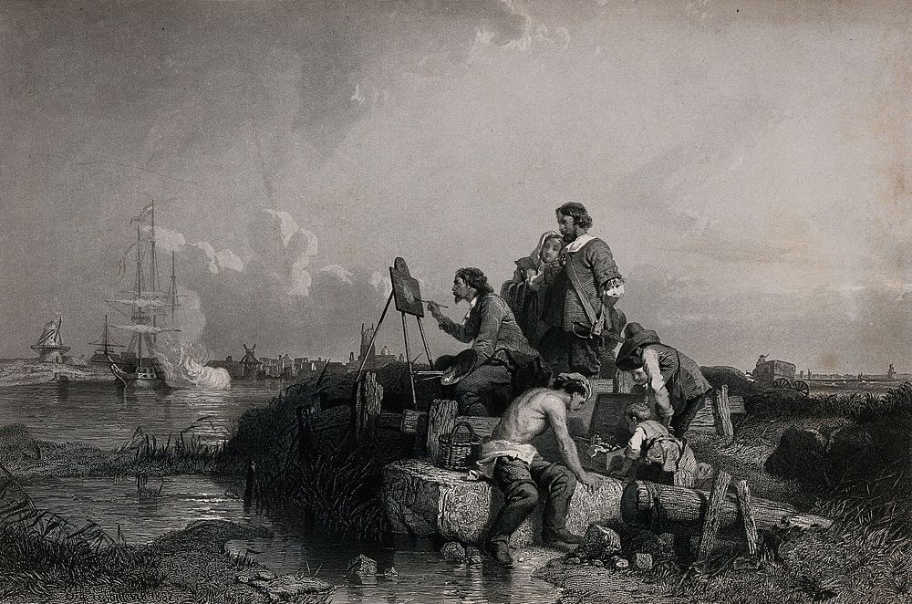 Willem van de Velde painting at his easel on the shore watched by a group of onlookers. Engraving by C.W. Sharpe after E. Le…