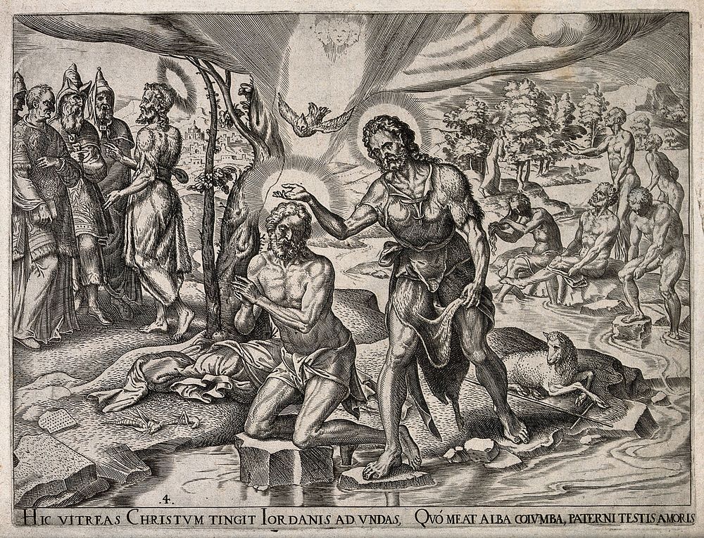 John baptises Christ in the Jordan. Engraving by P. Galle, 1564, after M. van Heemskerck.