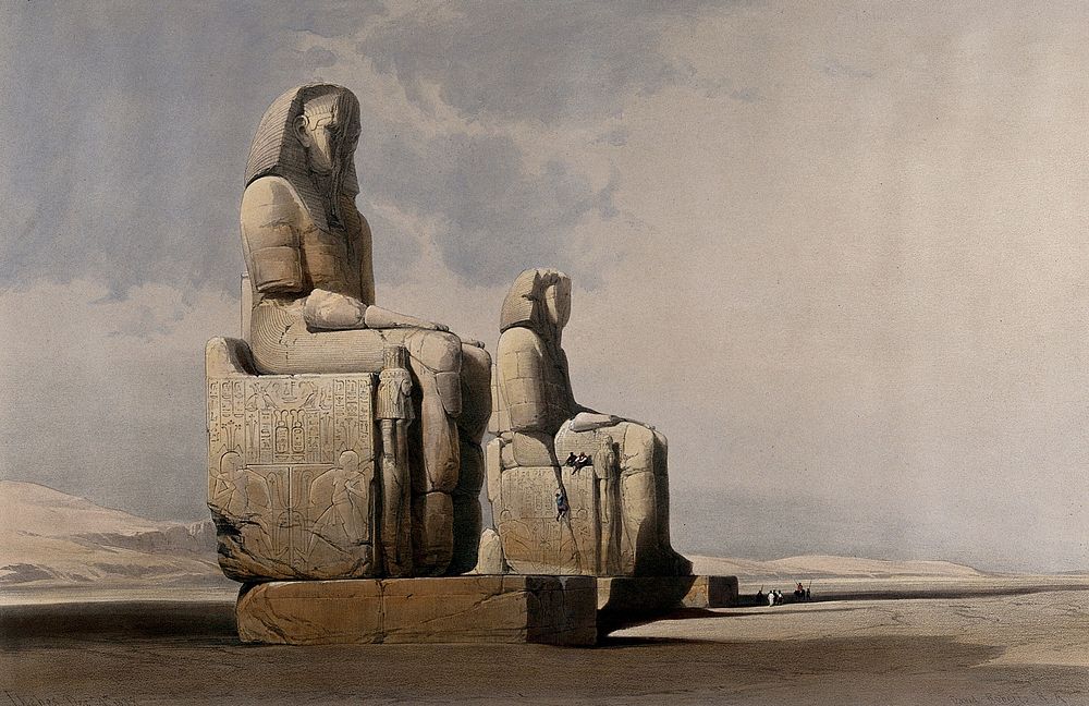 Colossal statues of Memnon (Pharaoh Amenhotep III), Thebes, Egypt. Coloured lithograph by Louis Haghe after David Roberts…