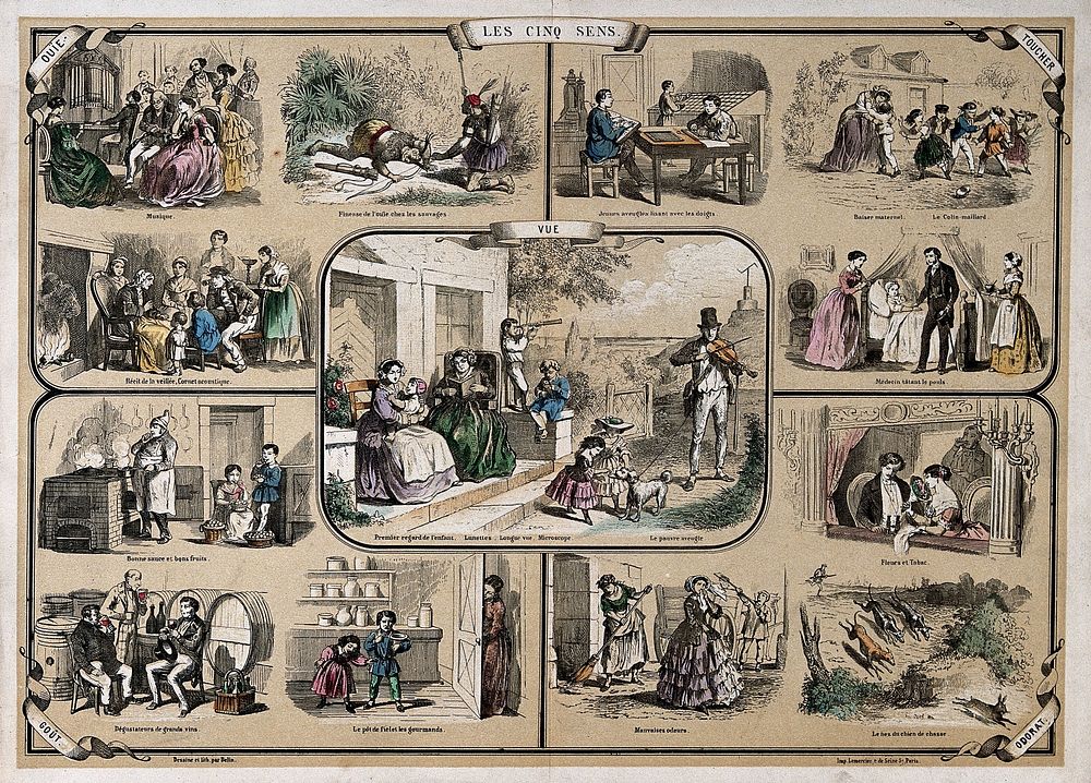 The five senses: sight, surrounded by vignettes showing the other senses. Coloured lithograph by Belin.