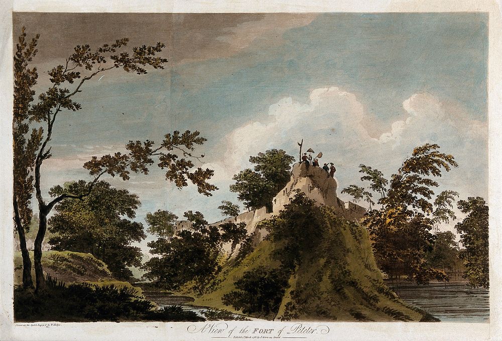 Fort at Pattihata, Bihar. Coloured etching by William Hodges, 1788.