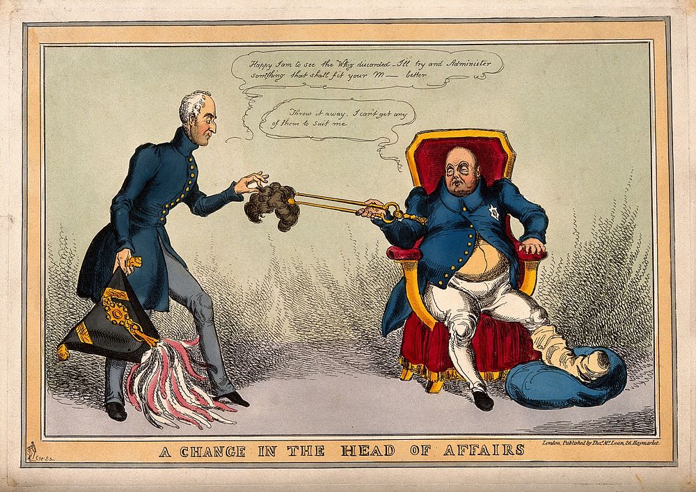 The gouty George IV using tongs to pass his discarded wig to Wellington; representing the Duke's appointment to office as…