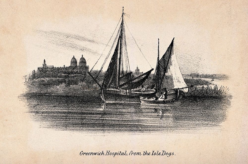 Royal Naval Hospital Greenwich, viewed from afar with ships and fishermen in the foreground. Lithograph.