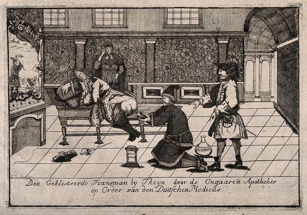 A Frenchman receiving an enema from a Hungarian apothecary by order of a Dutch doctor. Etching, 1742.