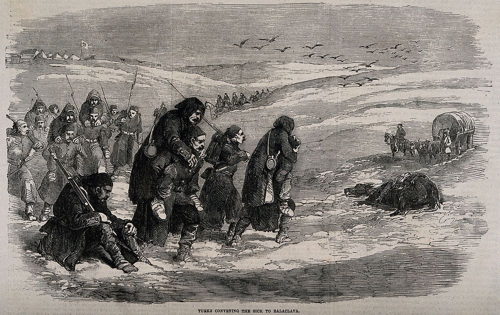 Crimean War: Turkish ambulancemen conveying the sick to Balaclava. Wood engraving.