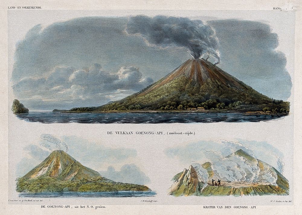 Merapi volcano, Java: three views. Lithographs by W.J. Gordon after P. van Oort and Q. Ver Huell.