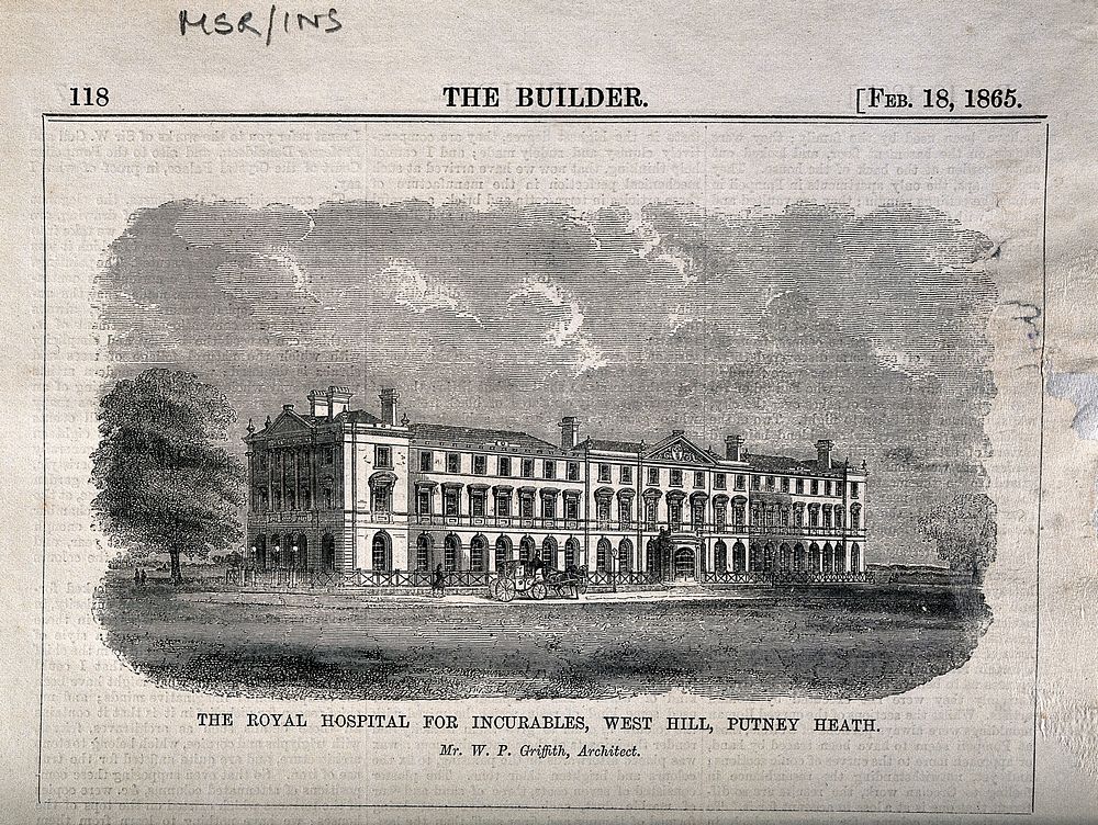 Royal Hospital for Incurables, Putney Heath: panoramic view. Wood engraving, 1865, after W.P. Griffith.