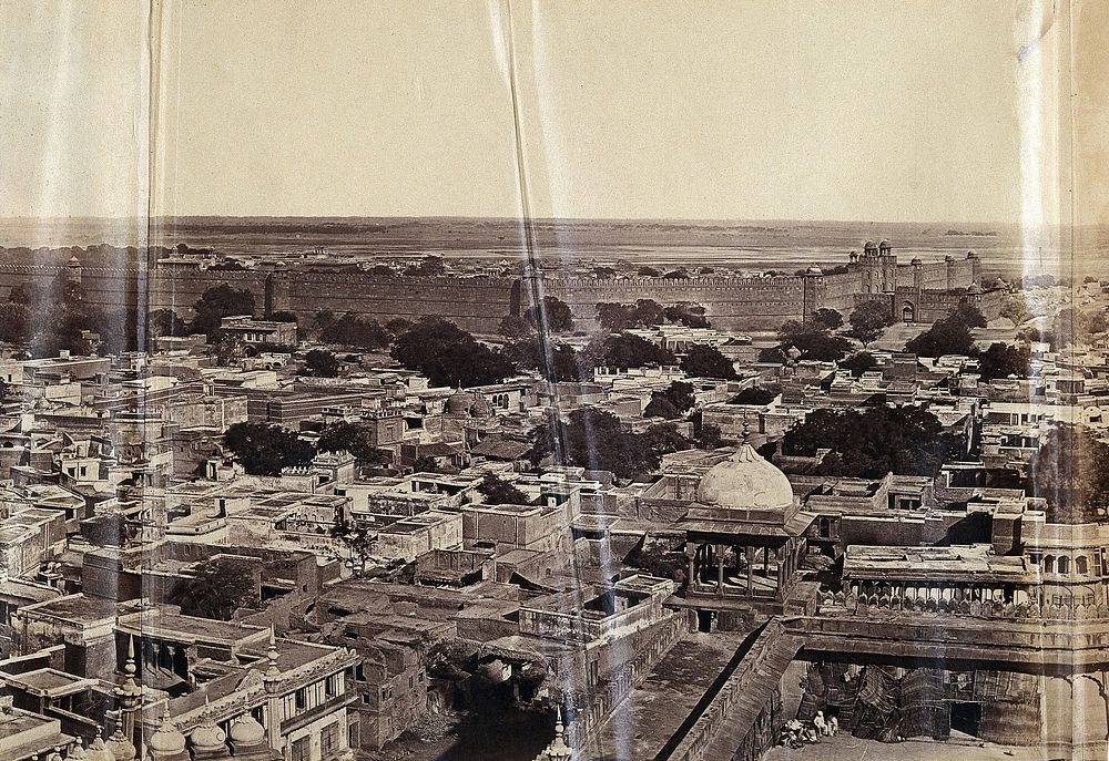 India: part of a panoramic view of Delhi taken from the Jami Masjid mosque. Photograph by F. Beato, c. 1858.